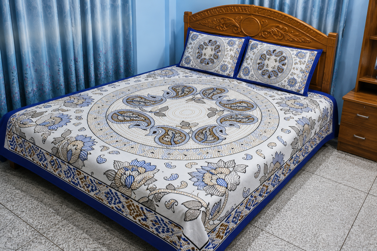 Home king size cotton bedsheet with – 3 pecs set – white based multi colored (copy)