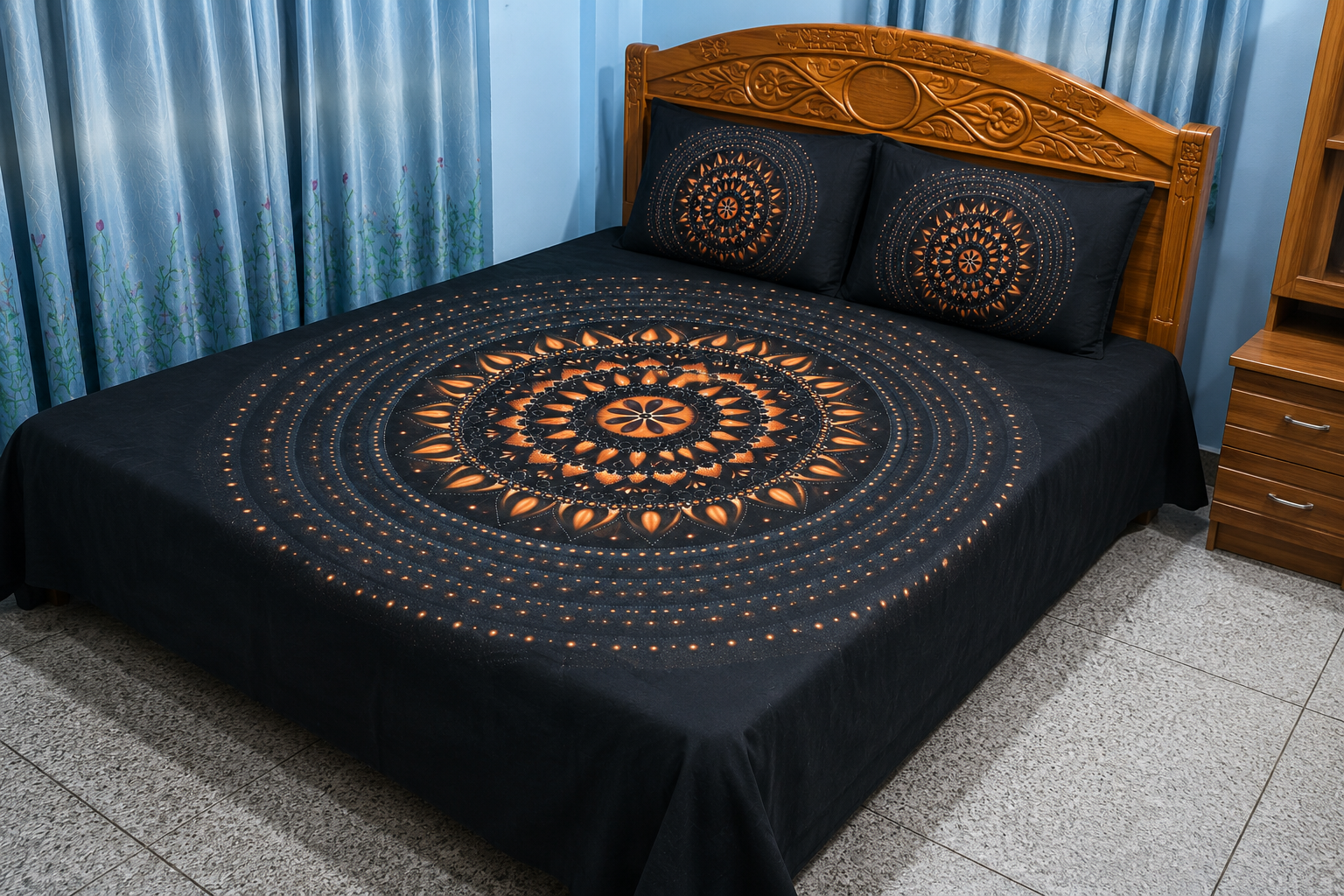 king size cotton bedsheet with – 3 pecs set – dark dark, bohemian inspired king size cotton bedsheet with – 3 pecs set – dark dark, bohemian inspired