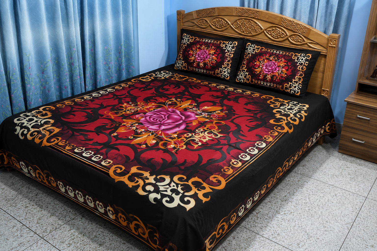 Home king size cotton bedsheet with – 3 pecs set – bold black & dark red floral