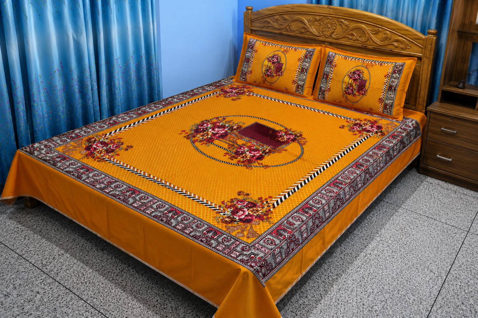 Home king size cotton bedsheet with – 3 pecs set – vibrant mustard yellow